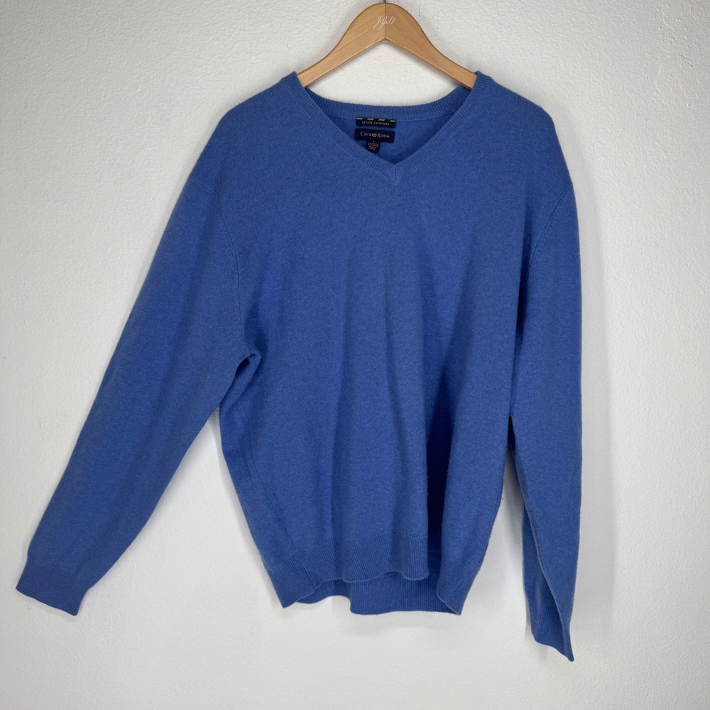 Club Room Estate Cashmere Mens V Neck Sweater Blue 100% Cashmere Large Pullover